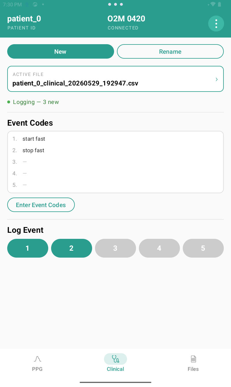 Sympath clinical event logger screen